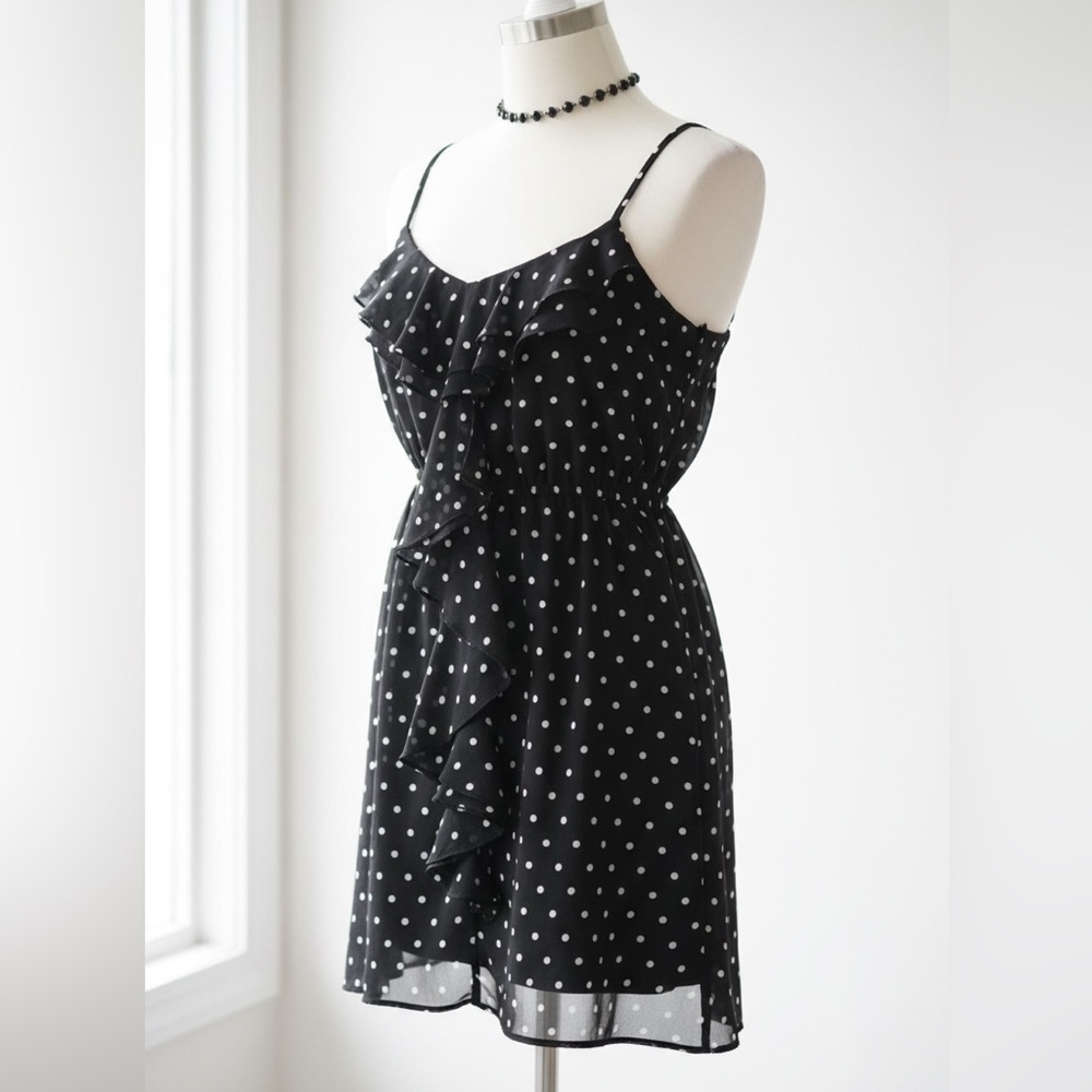 Eyelash Couture B&W Polka Dot Black Chiffon Mini Dress